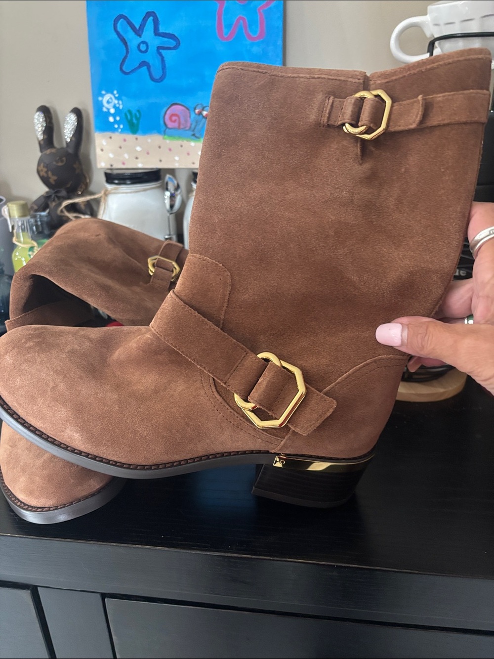 Vince Camuto Brown Suede Ankle Booties with Gold Buckle Detail